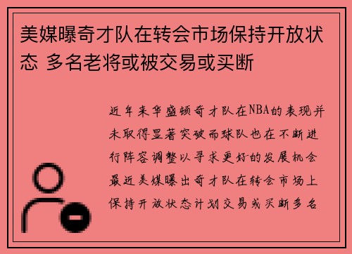 美媒曝奇才队在转会市场保持开放状态 多名老将或被交易或买断