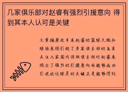 几家俱乐部对赵睿有强烈引援意向 得到其本人认可是关键